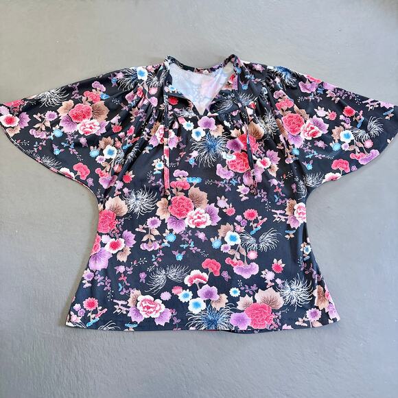 Vintage Black Boho Floral Flutter Sleeve Blouse Top Kimono Tie Blouson Large - Picture 1 of 7